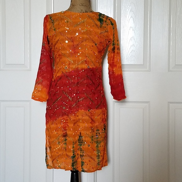 Indian summery tunic dress beautiful detail Medium orange red green - Picture 6 of 7